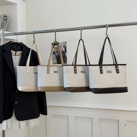 Patchwork Woven Fabric And PU Leather Tote Bag Large Capacity Zipper Handbag For Women Casual Commute