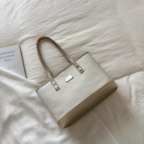 Patchwork Woven Fabric And PU Leather Tote Bag Large Capacity Zipper Handbag For Women Casual Commute