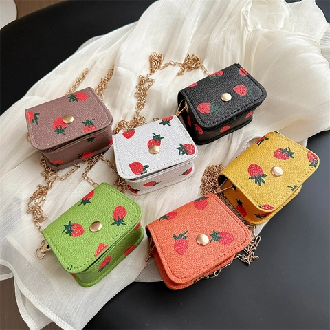 Mini Strawberry Print Crossbody Bag PU Leather Lychee Pattern Metal Chain Square Shoulder Bag Cute Korean Ins Style