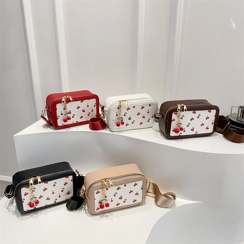 Women's Cherry Print PU Leather Small Square Bag Fresh Sweet Contrast Color Wide Strap Shoulder Crossbody Camera Bag With Pendant