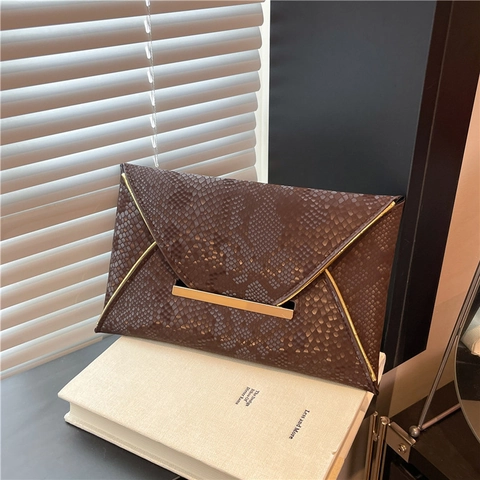 Fashion Snake Pattern Envelope Clutch Bag For Women Gold Metal Trim Faux Leather Evening Handbag Banquet Party Purse
