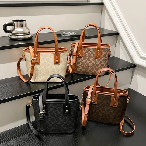 Retro Monogram Pattern Women Handbag PU Leather Small Crossbody Bag With Detachable Strap And Golden Hardware Office Daily