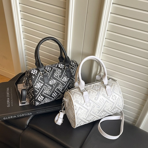 Women Boston Bag Geometric Embroidery Jacquard Cylindrical Handbag Top Handle Detachable Strap Retro Elegant Daily Carry