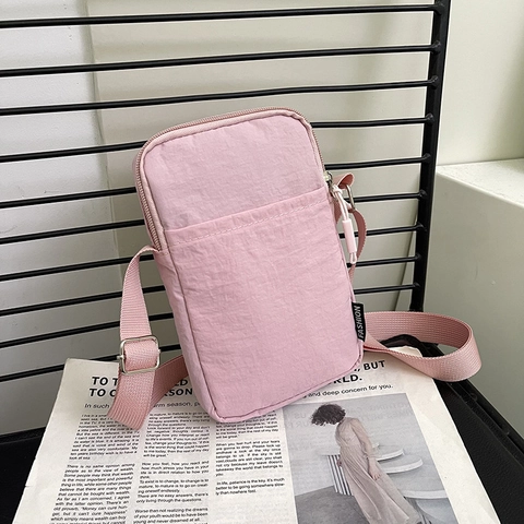Women Nylon Mini Crossbody Phone Bag Simple Solid Color Shoulder Purse With Adjustable Strap Compact Casual Pouch