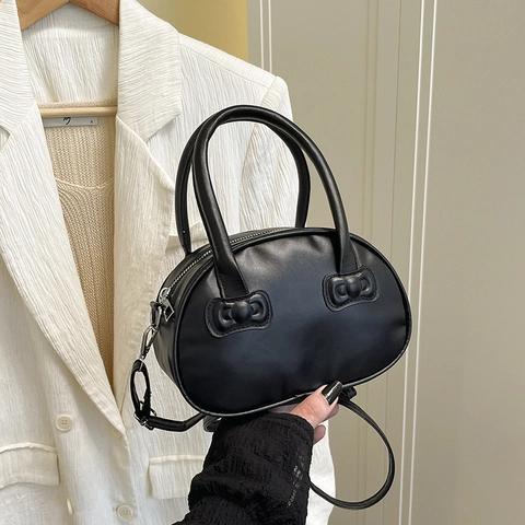 Women Bowling Handbag PU Leather Bowknot Decor Crossbody Bag Adjustable Strap Zipper Small Casual Shoulder Satchel