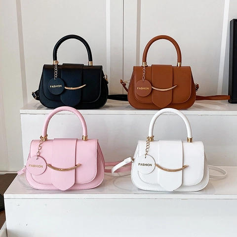 Sac À Bandoulière Femme Cuir PU Vintage Petit Sac À Main Carré Avec Décor Croissant Doré Et Étiquette Fashion