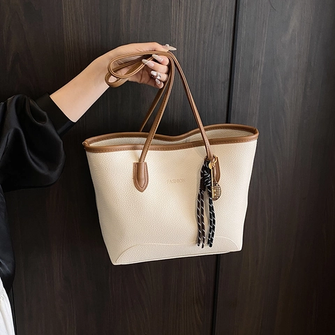 Sac Cabas Vintage Grande Capacité pour Femme Cuir PU Minimaliste Grain de Litchi Sac à Épaule Retro Mode Petit Sac à Main