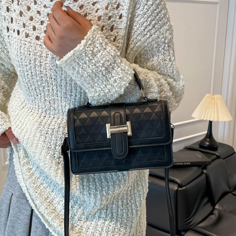 Petit Sac Carré Femme Cuir PU Gaufrage Triangle Boucle Dorée Sac Bandoulière Porté Main Mode Tendance Polyvalent