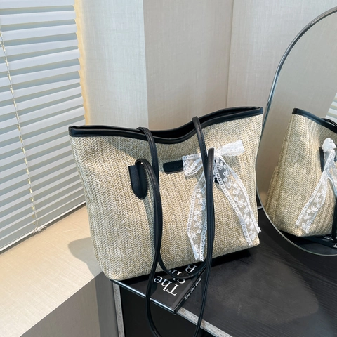 Borsa Tote da Donna Intrecciata in Paglia Con Fiocco in Pizzo Manico in Pelle Sintetica a Contrasto Borsa a Spalla Pastorale Francese