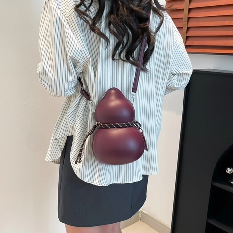 Gourd Shaped Crossbody Bag For Women Retro PU Leather Shoulder Bag With Decorative Braided Rope Niche Design Quirky