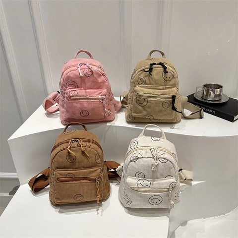 Vintage Corduroy Mini Backpack For Women Japanese Style Smiley Face Print Casual Student Schoolbag Solid Color Small Backpack