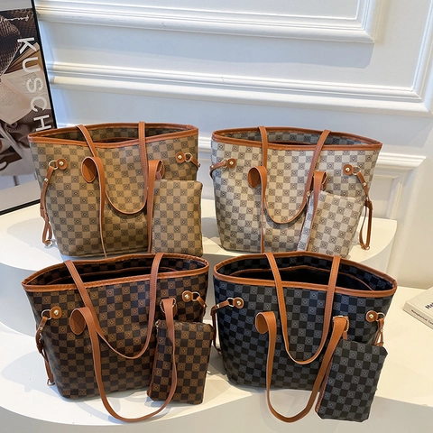 Grote Dames Tote Tas En Etui Retro Geblokt Geometrische Print PU Leer Handtas Casual Kantoor Schoudertas Dagelijks