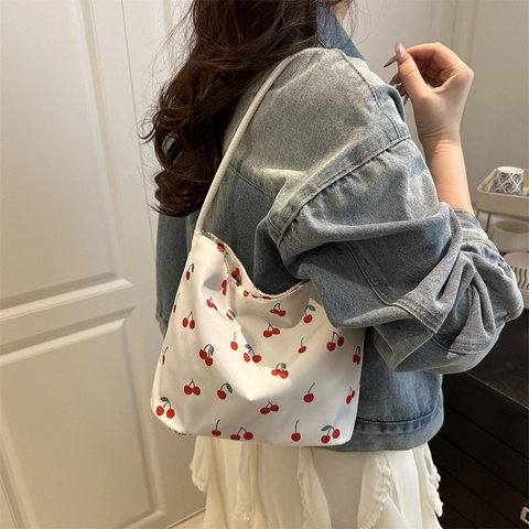 Women Nylon Cherry Print Shoulder Bag Fashion Sweet Large Capacity Tote Bag Underarm Hobo Bag For Daily Casual Street Style