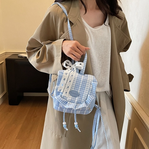 Women's Mini Gingham Backpack With Lace Bow Sweet Korean Style Canvas Drawstring Ruffle Small Shoulder Bag For Daily Travel