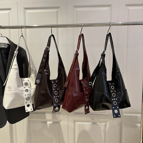 Bolso Tote de Gran Capacidad para Mujer Vintage de Cuero PU Bolso de Hombro Con Ojales Metálicos Correa Retro Hobo
