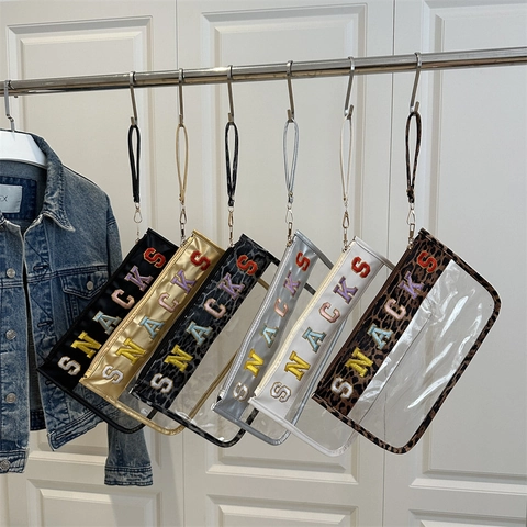 Bolso de Mano de PVC Transparente para Mujer con Letras Bordadas SNACKS de Colores Estampado de Leopardo Bolso de Maquillaje con Correa de Muñeca