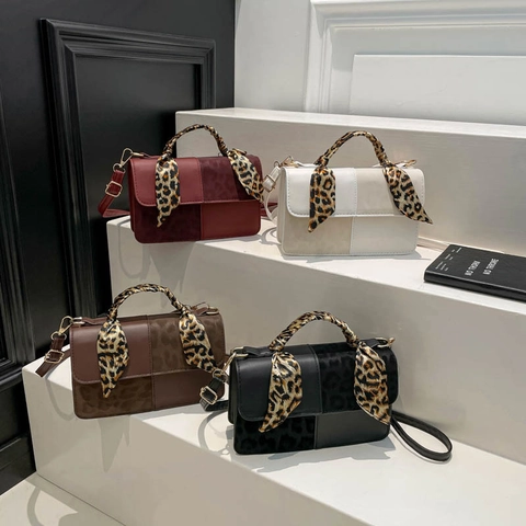 Borsa A Tracolla Quadrata Moda Donna Manico Sciarpa Leopardata Pelle PU Patchwork Borsa A Mano Tracolla Regolabile Patta Magnetica