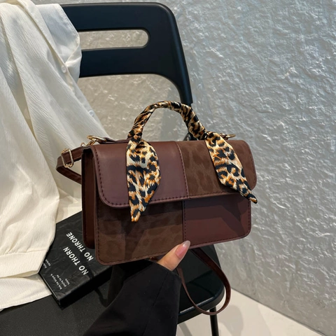 Borsa A Tracolla Quadrata Moda Donna Manico Sciarpa Leopardata Pelle PU Patchwork Borsa A Mano Tracolla Regolabile Patta Magnetica