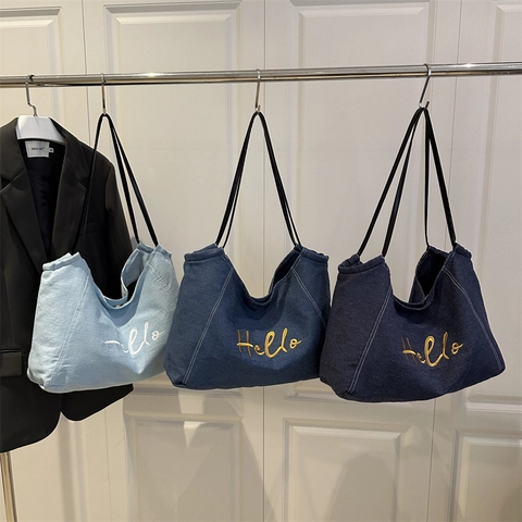 Women Denim Tote Bag Large Capacity Hello Letter Embroidery Casual Shoulder Handbag Canvas Denim Shopper Bag
