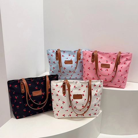 Women Sweet Cherry Print Tote Bag Large Capacity Nylon Shoulder Bag Casual Everyday Shopping Bag For Lady