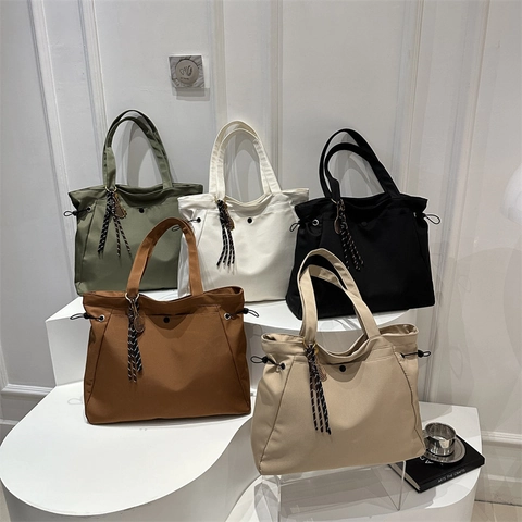 Large Capacity Nylon Tote Bag For Women Minimalist Casual Shoulder Bag With Drawstring And Sporty Ornament Office Work Handbag