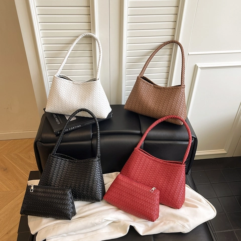 Geflochtene PU Leder Schultertasche Und Reißverschlussbeutel Chic Handtasche Im Koreanischen Stil Für Damen Minimalistische Unterarmtasche