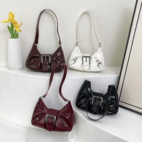 Vintage Y2K PU Leer Geplooide Oksel Schoudertas Voor Dames Chic Motorstijl Met Metalen Gesp Dagelijkse Woonwerk Tas