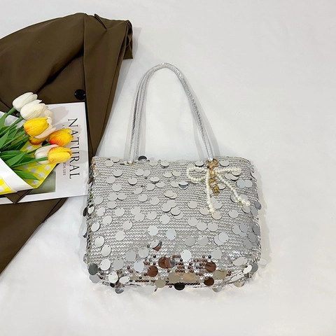 Sequin Tote Bag Large Circular Sequins Underarm Shoulder Bag Minimalist Urban Party Handbag Women Artificial Pearl Bow Charm