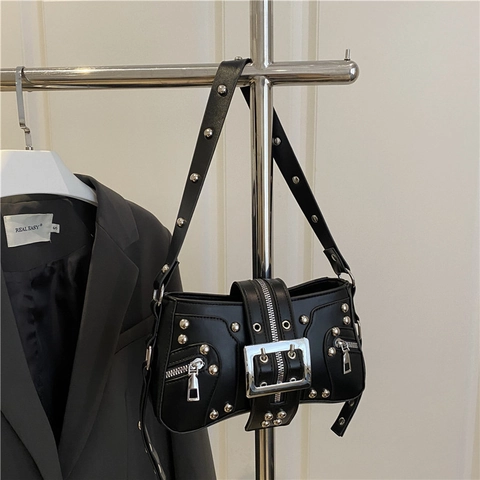 Shoulder Bag PU Leather Leopard Print Rivet Studded Buckle Moto Punk Y2K Underarm Handbag For Women