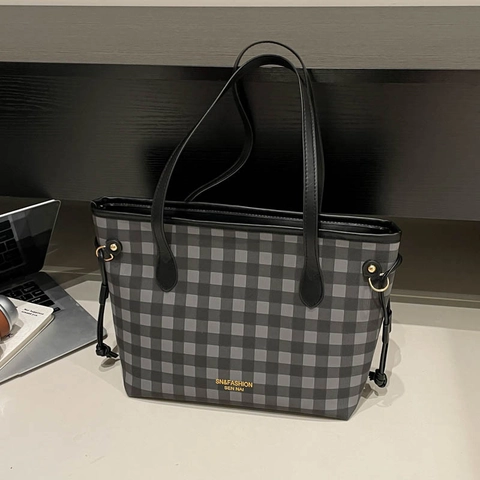 Damen Große Kapazität Karomuster Shopper PU Leder Plaid Schultertasche Pendler Büro Student Einfache Stilvolle Handtasche