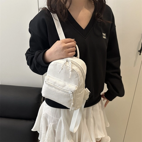 Women's Mini Corduroy Backpack Vintage Casual School Bag Adjustable Straps Front Zipper Pocket Simple Daily Travel Bag