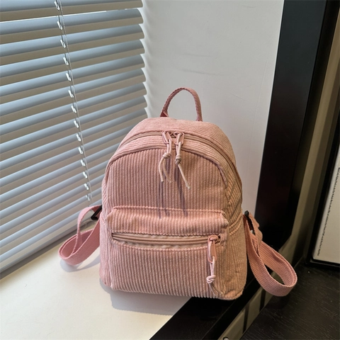 Women's Mini Corduroy Backpack Vintage Casual School Bag Adjustable Straps Front Zipper Pocket Simple Daily Travel Bag