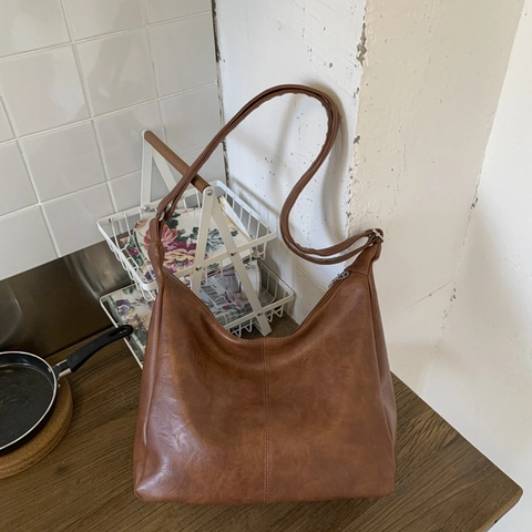 Hobo Tas Voor Dames Retro PU Leer Grote Capaciteit Schouder Okseltas Effen Kleur Forens Minimalistische Casual Tote