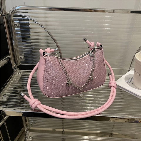 Women Sequin Underarm Bag Glitter Crescent Shoulder Bag Metal Chain Artificial Pearl Star Charms Knotted Strap Trendy Evening Bag