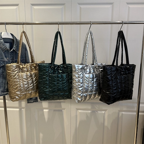 Damen Mode Gesteppte Metallic Tote Bag Große Kapazität Puffer Schultertasche Kunstleder Glänzende Handtasche Für Den Täglichen Reise