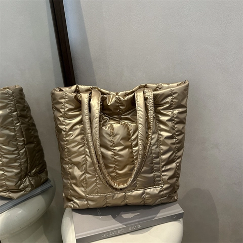 Stepptasche Puffer Tote Bag Metallic Glänzend PU Große Kapazität Mode Schultertasche Für Frauen Pendeln Casual Einfarbig
