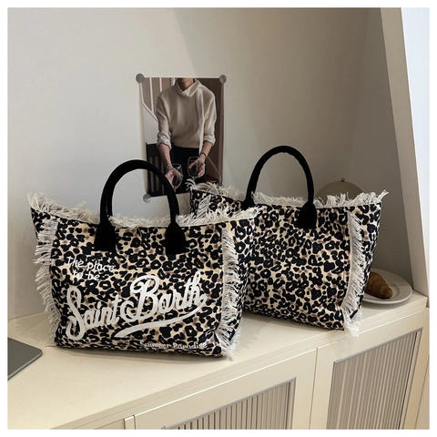 Bolso Tote De Lona Con Estampado De Leopardo Flecos Blancos Gran Capacidad Bolso De Playa Vacaciones Mujer