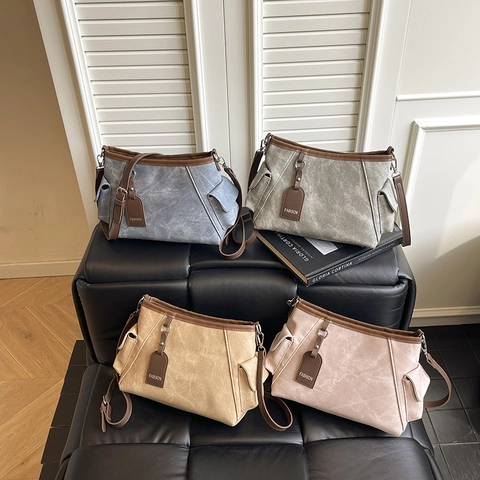 Women Contrast Color PU Leather Bucket Bag Large Capacity Crossbody Shoulder Bag With Fashion Charm Commuter Purse