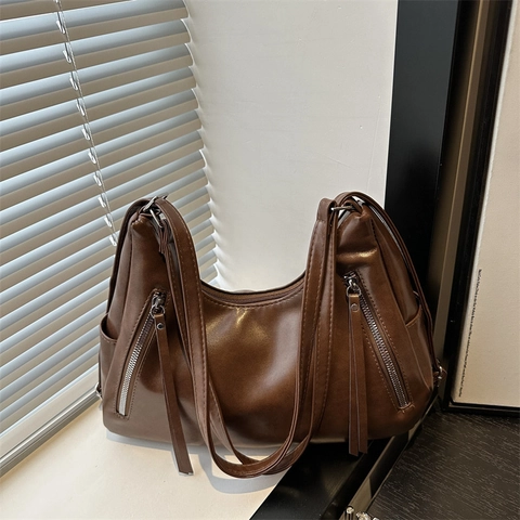 Sac à Épaule en Cuir PU pour Femmes Grande Capacité Rétro Glands Fermeture Éclair Sac Fourre-tout Minimaliste Sac à Main