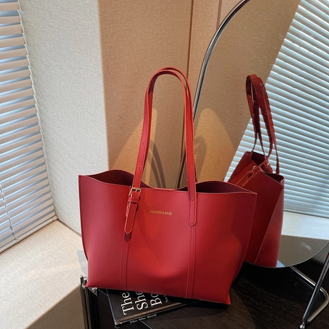 Große Kapazität PU Leder Tote Tasche Mit Beutel Retro Koreanischen Stil Einfache Umhängetasche Für Damen Täglich Pendeln Handtasche