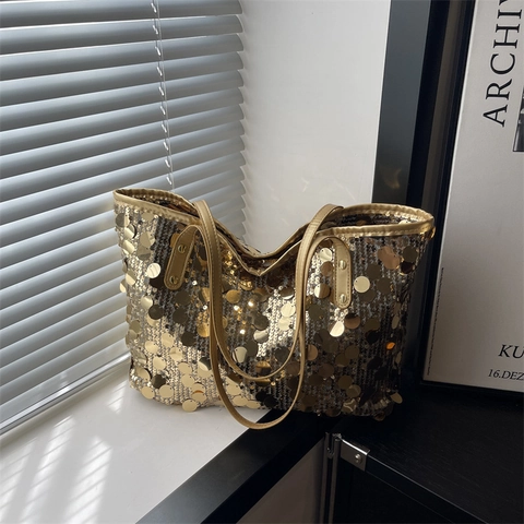 Women Large Capacity Shiny Sequin Tote Bag Trendy Metallic PU Leather Shoulder Bag Fashion Handbag For Party Daily Streetwear