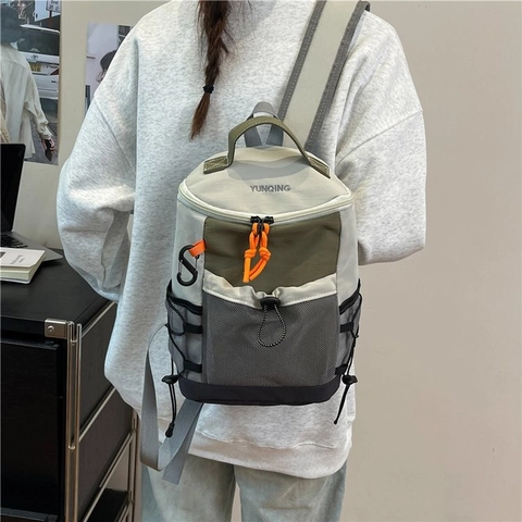 Functional Outdoor Hiking Backpack Large Capacity Contrast Color Mesh Pocket Drawstring Nylon Travel Backpack For Men Women