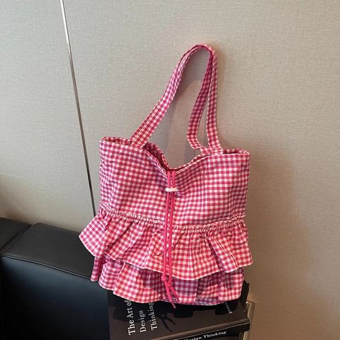 Women Gingham Canvas Tote Bag With Ruffle Pleats Large Capacity Shoulder Bag Casual Lattice Handbag For Daily Shopping