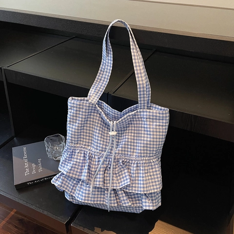 Women Gingham Canvas Tote Bag With Ruffle Pleats Large Capacity Shoulder Bag Casual Lattice Handbag For Daily Shopping