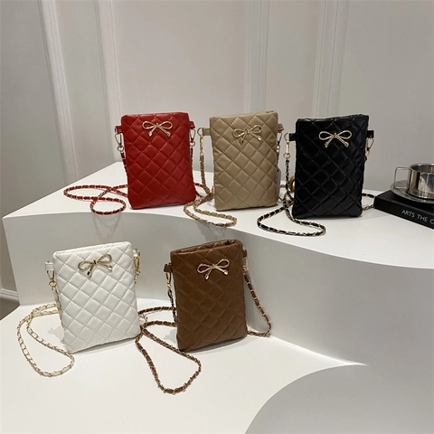 Damen Gesteppte PU Leder Umhängetasche Goldener Bogen Dekor Raute Nähte Mini Schultertasche Mode Handy Tasche