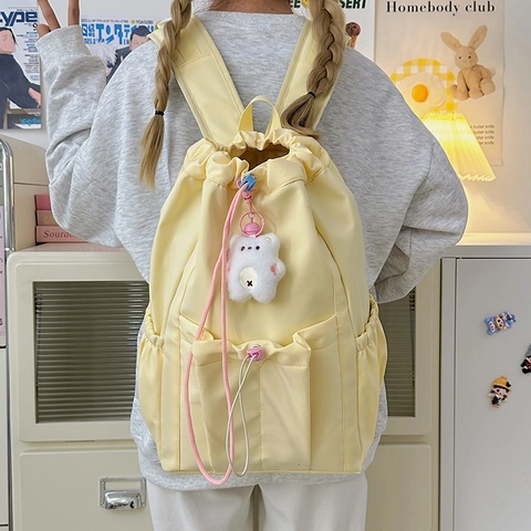 Sac à Dos à Cordon Doux Pour Femmes Nylon Couleur Unie Sac d'École Pour Adolescentes Étudiantes Navette Voyage Sac à Dos Réduction de Charge Avec Pendentif Ours