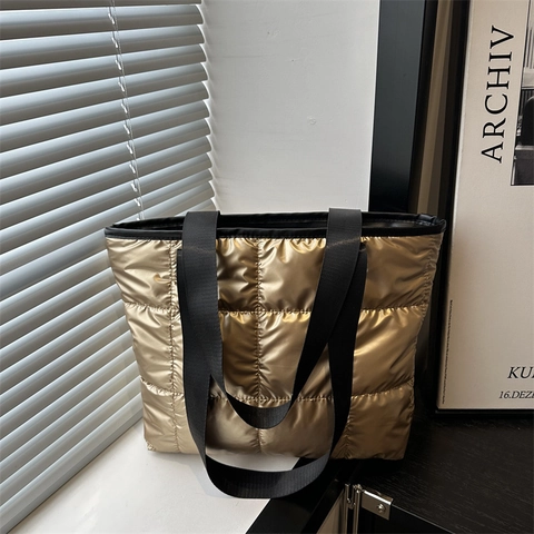Metallic Quilted Puffer Tote Bag Glossy Padded Shoulder Bag Matching Pouch Large Capacity Fashion Shopper Bag For Women
