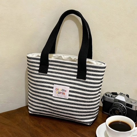 Bolso Tote de Lona a Rayas para Mujer Gran Capacidad Bolso de Hombro a Rayas Horizontales Blanco y Negro Minimalista Casual Escuela Compras