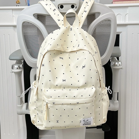 Cute Polka Dot Bow Backpack Nylon Large Capacity School Bag For Students Teenagers Fresh Style Travel Daypack