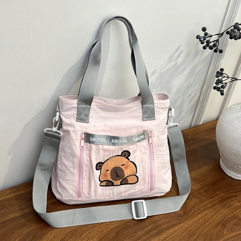 Japanese Style Cartoon Capybara Print Nylon Tote Bag For Women Students Large Capacity Shoulder Tutoring Bag School Handbag